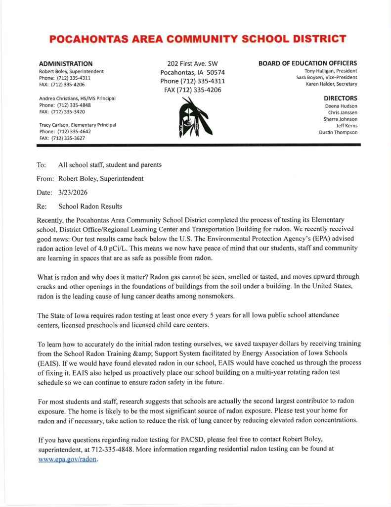 Radon result for 2026 can be found at https://www.pacsd.org/documents/radon-testing/26442599