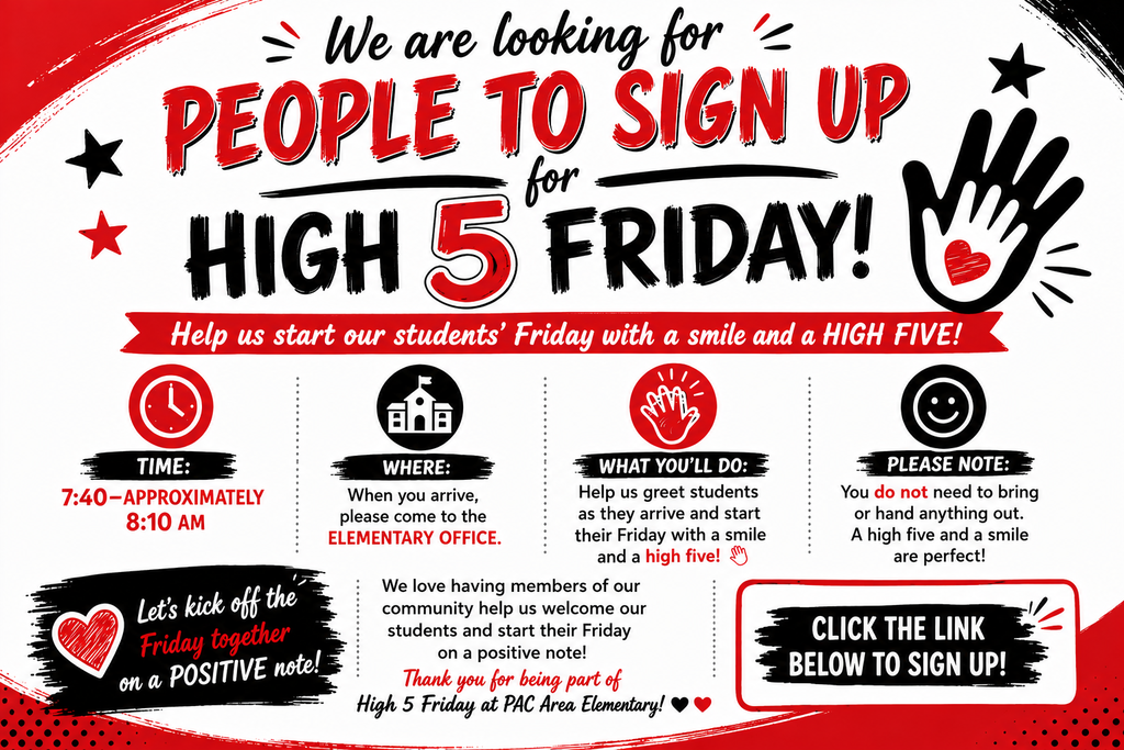 High 5 Friday sign up flyer - colors are red, black and white
