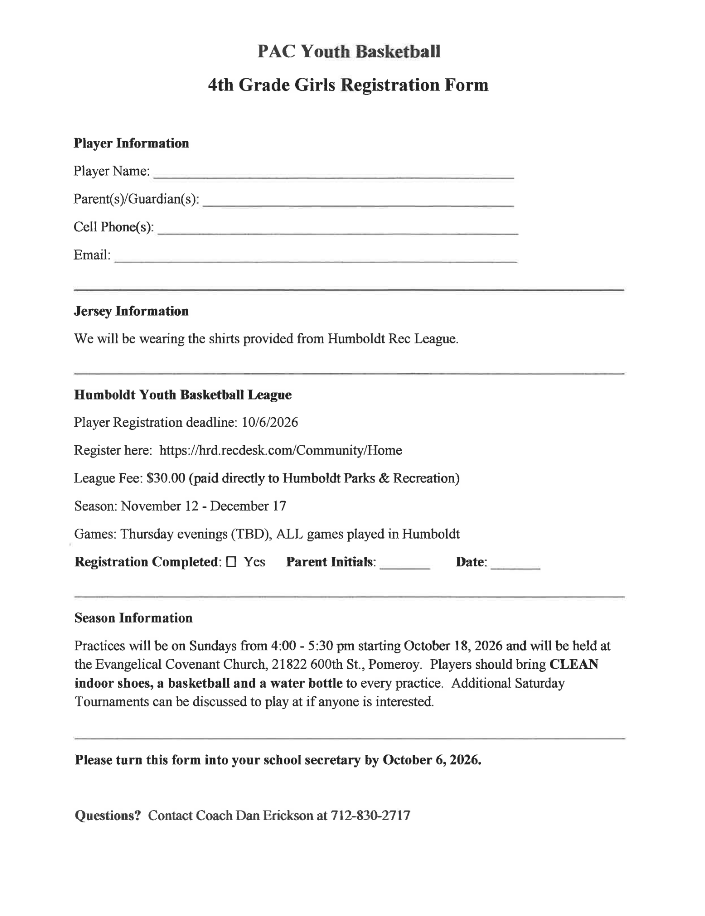 4th grade girls basketball form for signing up