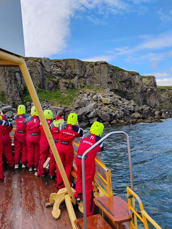 Group of students in Wet Gear watching whales