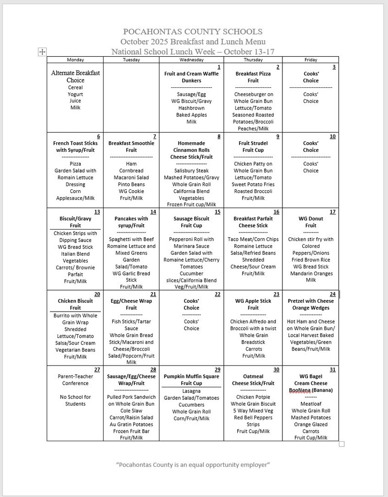 2025 October Menu