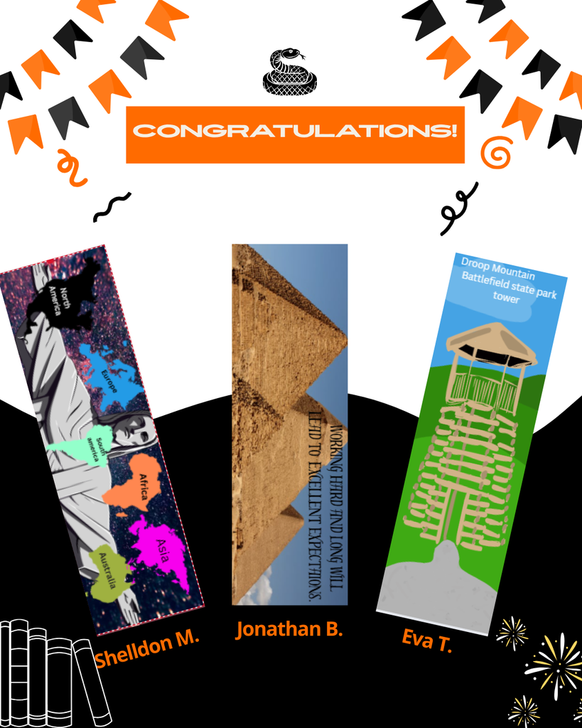 A celebratory graphic featuring three bookmarks displayed vertically against a black and white background with orange and black triangular banners at the top. The center has an orange rectangle with the word “CONGRATULATIONS!” in white text and a small snake illustration above it. The left bookmark shows a colorful design with a statue and labeled continents (Africa, Asia, Europe) and is credited to “Shelldon M.” The middle bookmark features a photo of pyramids with text overlay and is credited to “Jonathan B.” The right bookmark depicts an illustrated wooden tower labeled “Droop Mountain Battlefield state park tower” and is credited to “Eva T.” Decorative elements like squiggles, confetti, and books appear around the image.