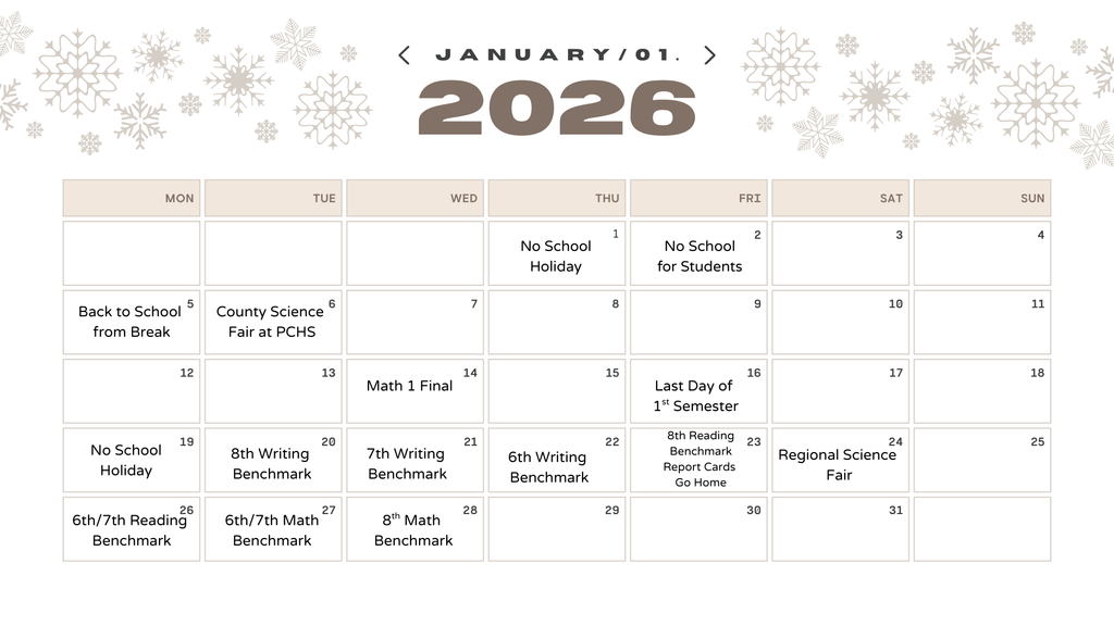calendar of January 2026 for families and students of upcoming events at MMS