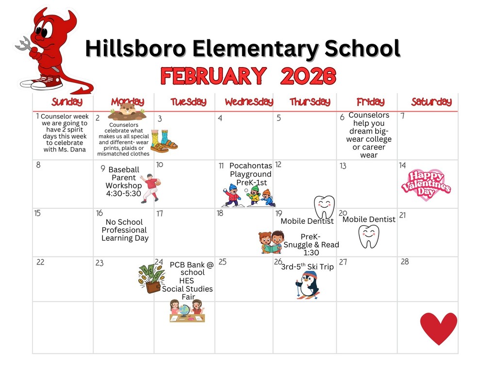 School Calendar for activities for Hillsboro Elementary for February