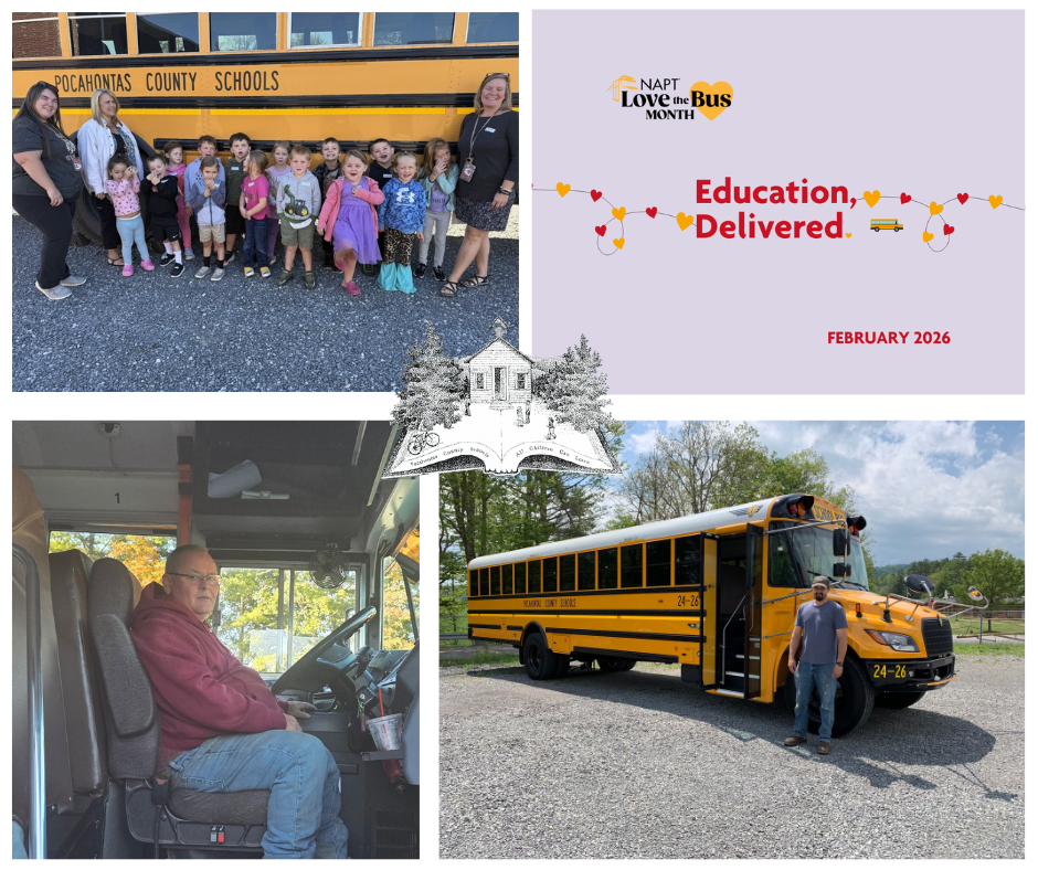 A collage of school bus–themed photos celebrating Love the Bus Month. The top-left image shows a group of young students and several adults standing in front of a yellow Pocahontas County Schools bus. The bottom-left image shows a bus driver seated behind the wheel of a school bus. The bottom-right image features a yellow school bus parked outdoors with a staff member standing beside it. The top-right panel includes the Love the Bus Month logo with the text “Education, Delivered.” and “February 2026.” A sketch-style illustration of a school building overlays the center of the collage.