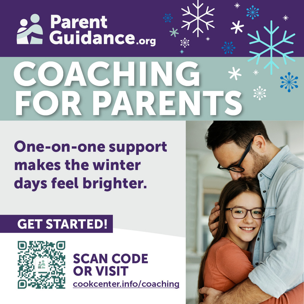 “Graphic promoting ParentGuidance.org’s free coaching for parents. The design features winter-themed snowflakes, the headline ‘Coaching for Parents,’ and the message ‘One-on-one support makes the winter days feel brighter.’ A QR code and link to cookcenter.info/coaching appear at the bottom, along with a photo of an adult and child embracing.”