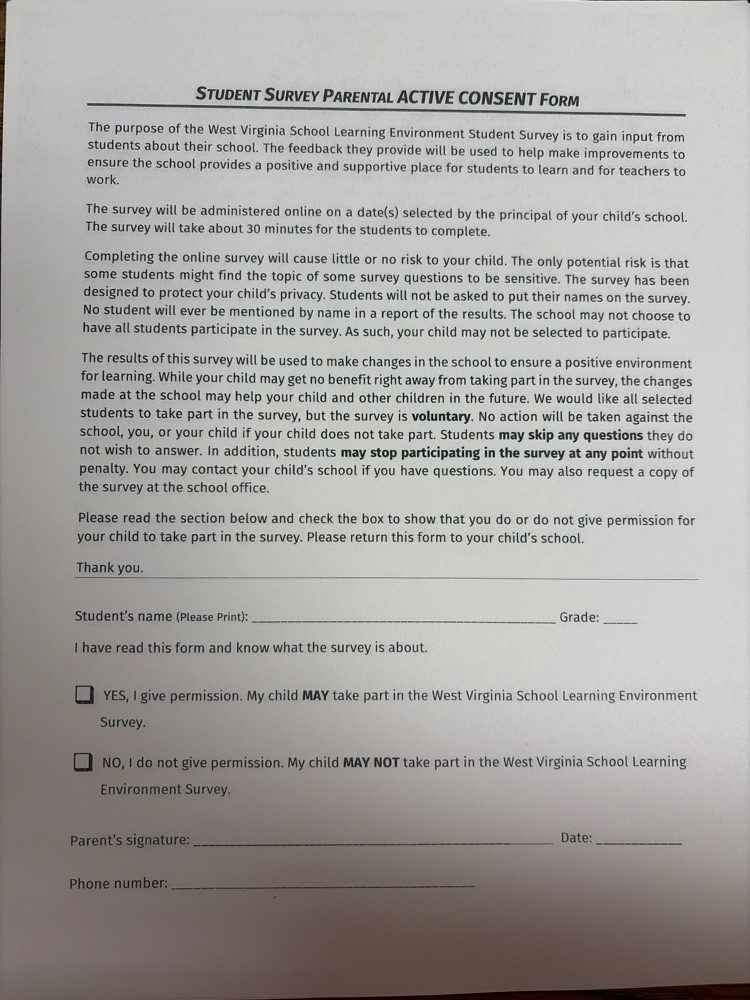 wv school learning environment student survey permission form must be turned in by Monday, Feb 23
