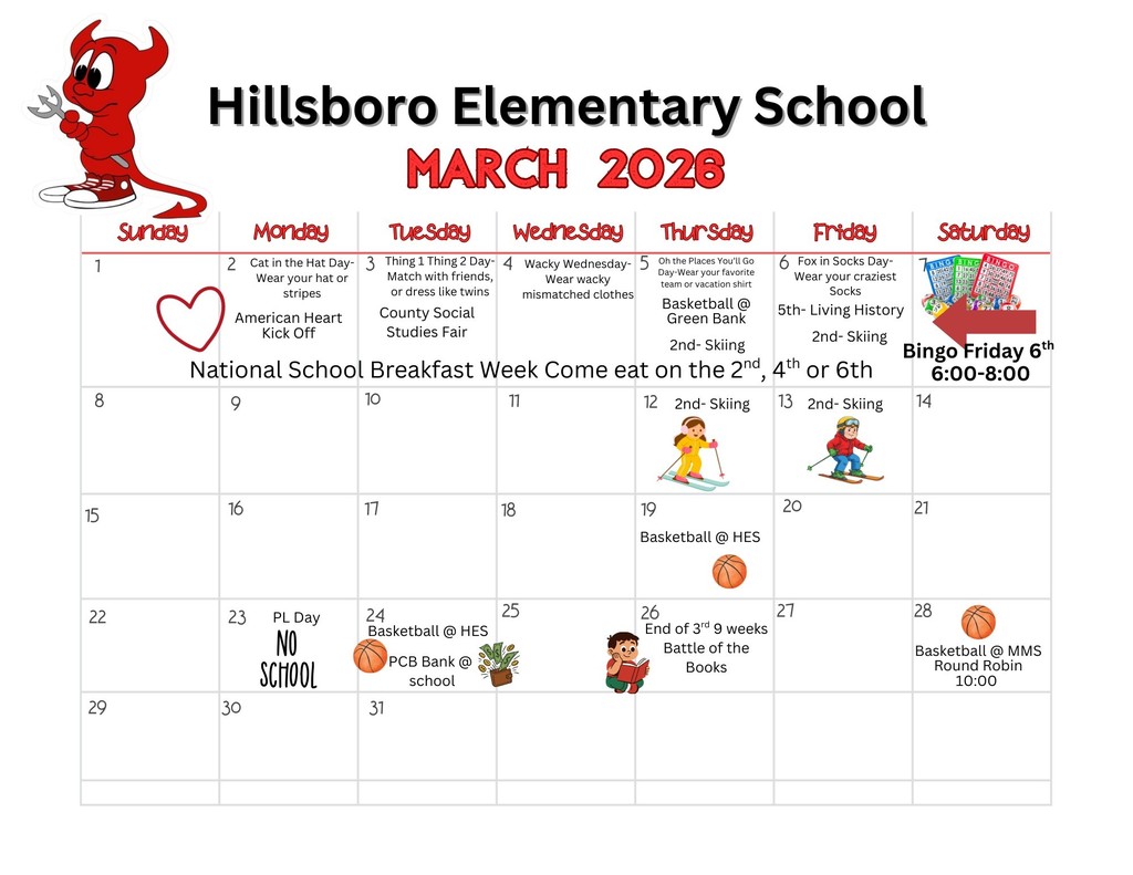 March Calendar of activities at Hillsboro Elementary School