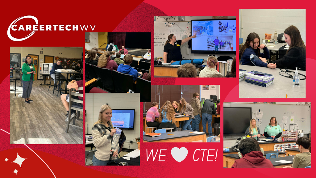A collage of photos from a CTE Month event at Pocahontas County High School. Images show presenters from various career fields speaking to classrooms of students, demonstrating equipment, and leading hands-on activities. One photo shows a presenter speaking at a podium, another features a classroom lecture with a screen displaying medical or technical diagrams, and others show students gathered around tables participating in demonstrations. The collage includes the “CareerTechWV” logo and the phrase “We ♥ CTE!” on a red background.