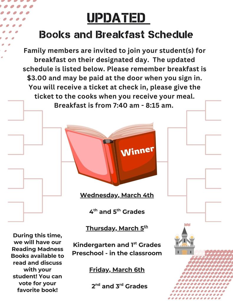 Flyer titled “UPDATED Books and Breakfast Schedule.” It announces that family members may join their students for breakfast on designated days. Breakfast costs $3.00 and is served from 7:40–8:15 a.m. Guests receive a ticket at check‑in to give to the cooks. At the center of the flyer is an illustration of an open red book labeled “Winner,” surrounded by a bracket-style layout. The schedule lists: – Wednesday, March 4th: 4th and 5th Grades – Thursday, March 5th: Kindergarten and 1st Grades; Preschool breakfast held in the classroom – Friday, March 6th: 2nd and 3rd Grades A note on the left side states that Reading Madness books will be available to read and vote on with your student. A small castle icon appears near the bottom right corner. Provide your feedback on BizChat