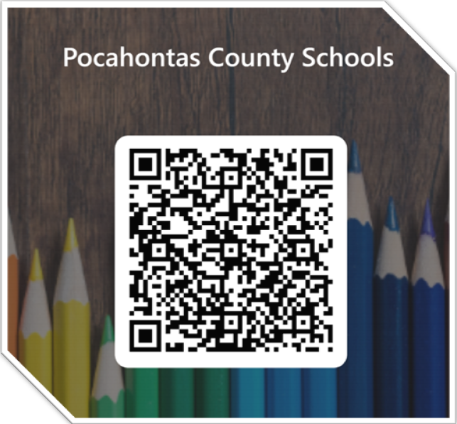 “QR code for the Pocahontas County Schools Family Engagement Survey displayed above a row of colorful pencils.”