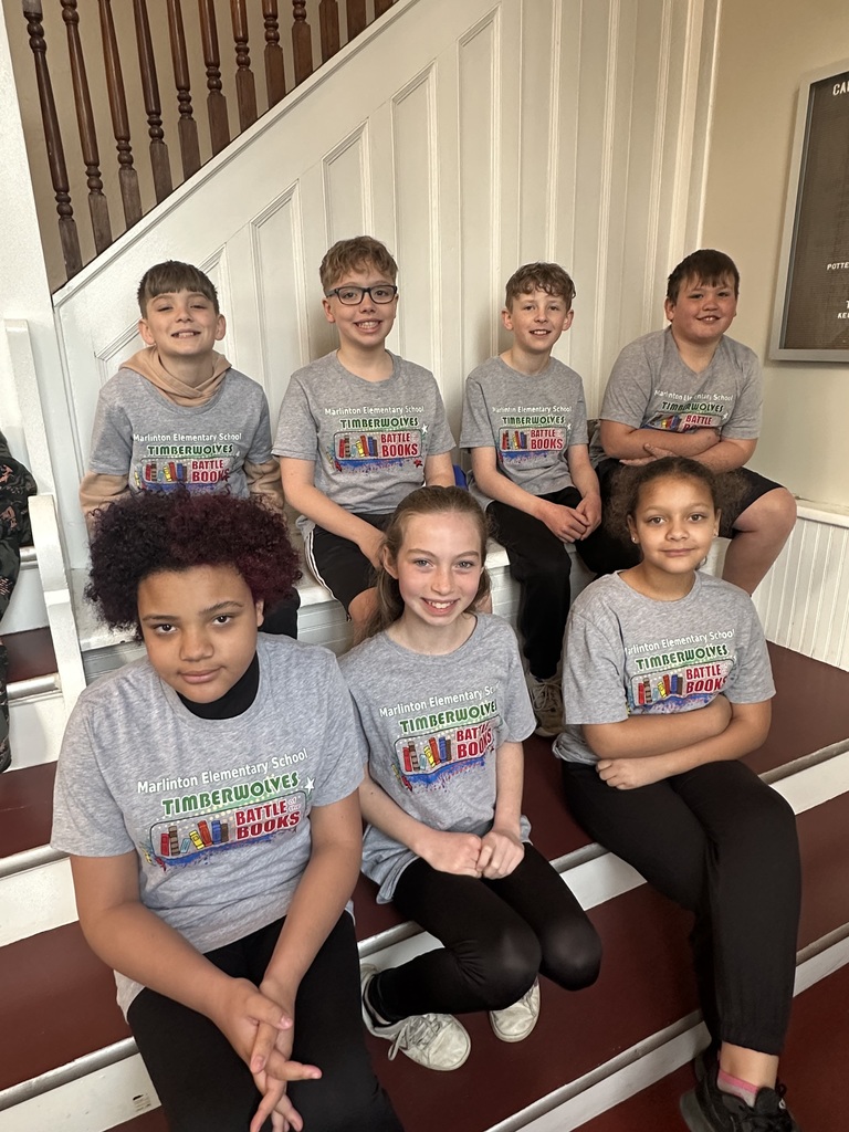 The picture shows eight students seated on indoor staircase steps inside a school building. The students are arranged in two rows and are wearing matching gray T‑shirts that read “Marlinton Elementary School – Timberwolves – Battle of the Books.” The shirts feature colorful book graphics that represent the academic competition. The staircase has white wooden paneling and railings, with maroon-colored steps. The setting and matching shirts suggest this image was taken to recognize participation in the Battle of the Books academic team or event.