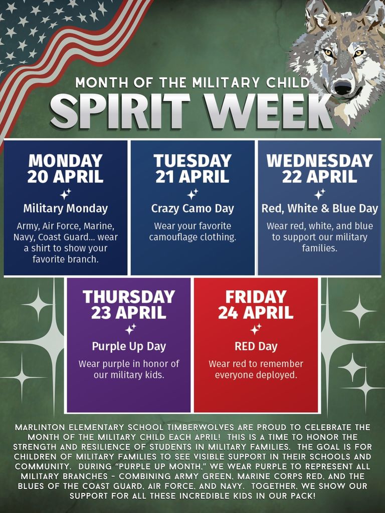 Poster titled “Month of the Military Child Spirit Week” with a green background, an American flag graphic, and an illustrated wolf head. The poster lists daily themes for a school spirit week: Monday, April 20 – Military Monday (wear a shirt showing a favorite military branch); Tuesday, April 21 – Crazy Camo Day (wear camouflage clothing); Wednesday, April 22 – Red, White & Blue Day (wear red, white, and blue to support military families); Thursday, April 23 – Purple Up Day (wear purple in honor of military children); Friday, April 24 – Red Day (wear red to remember those deployed). Footer text explains that Marling Elementary School celebrates the Month of the Military Child in April to honor and support students from military families.