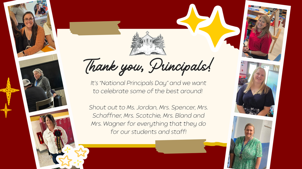 Graphic celebrating National Principals Day with a red background and decorative stars. Center text reads, “Thank you, Principals! It’s ‘National Principals Day’ and we want to celebrate some of the best around! Shout out to Ms. Jordan, Mrs. Spencer, Mrs. Schaffner, Mrs. Scotchie, Mrs. Bland and Mrs. Wagner for everything that they do for our students and staff!” Photos of six school staff members appear in white frames along the left and right sides of the graphic.