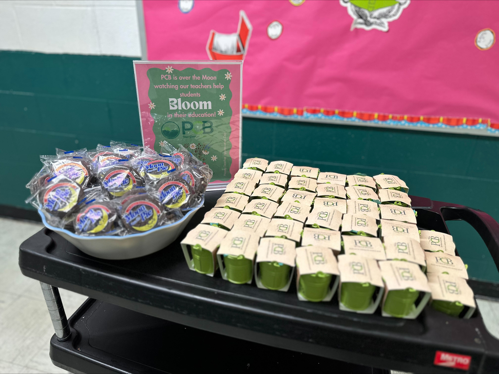 A display of MoonPies and small potted plants with a sign from Pendleton Community Bank thanking teachers and celebrating Teacher Appreciation Week.