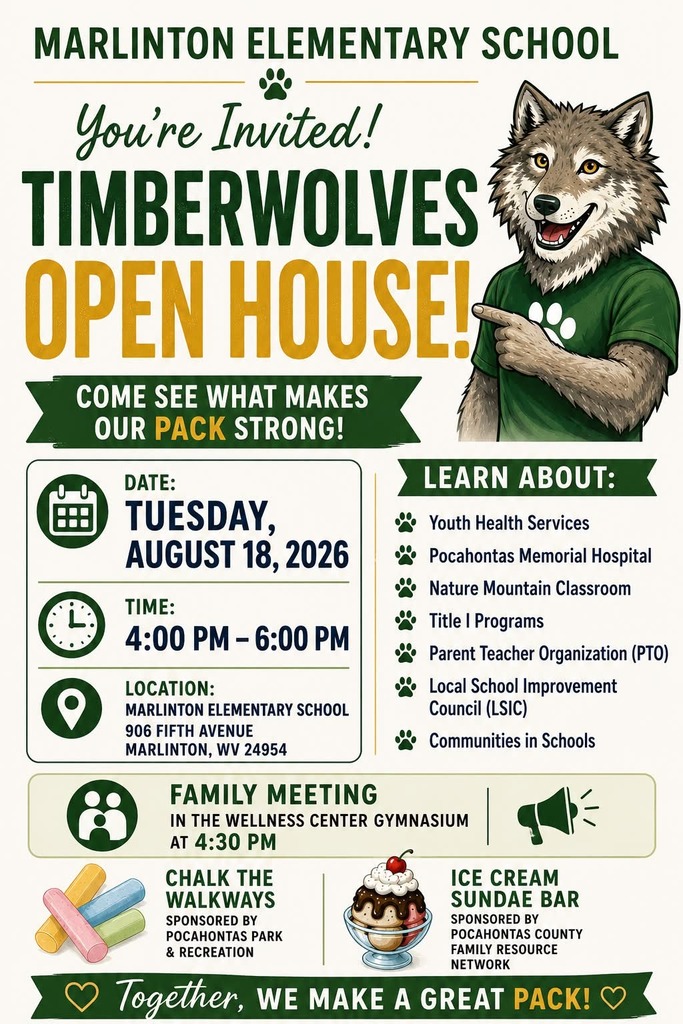 Promotional flyer for Marlinton Elementary School's "Timberwolves Open House" featuring a timberwolf mascot in a green shirt pointing toward the event information. The flyer uses green and gold school colors and invites families to "Come See What Makes Our Pack Strong." The open house is scheduled for Tuesday, August 18, 2026, from 4:00 PM to 6:00 PM at Marlinton Elementary School, 906 Fifth Avenue, Marlinton, WV 24954. A family meeting will be held in the Wellness Center Gymnasium at 4:30 PM. Topics include Youth Health Services, Pocahontas Memorial Hospital, Nature Mountain Classroom, Title I Programs, Parent Teacher Organization (PTO), Local School Improvement Council (LSIC), and Communities in Schools. Additional activities include sidewalk chalk art sponsored by Pocahontas Park & Recreation and an ice cream sundae bar sponsored by the Pocahontas County Family Resource Network. The flyer closes with the slogan, "Together, We Make a Great Pack!