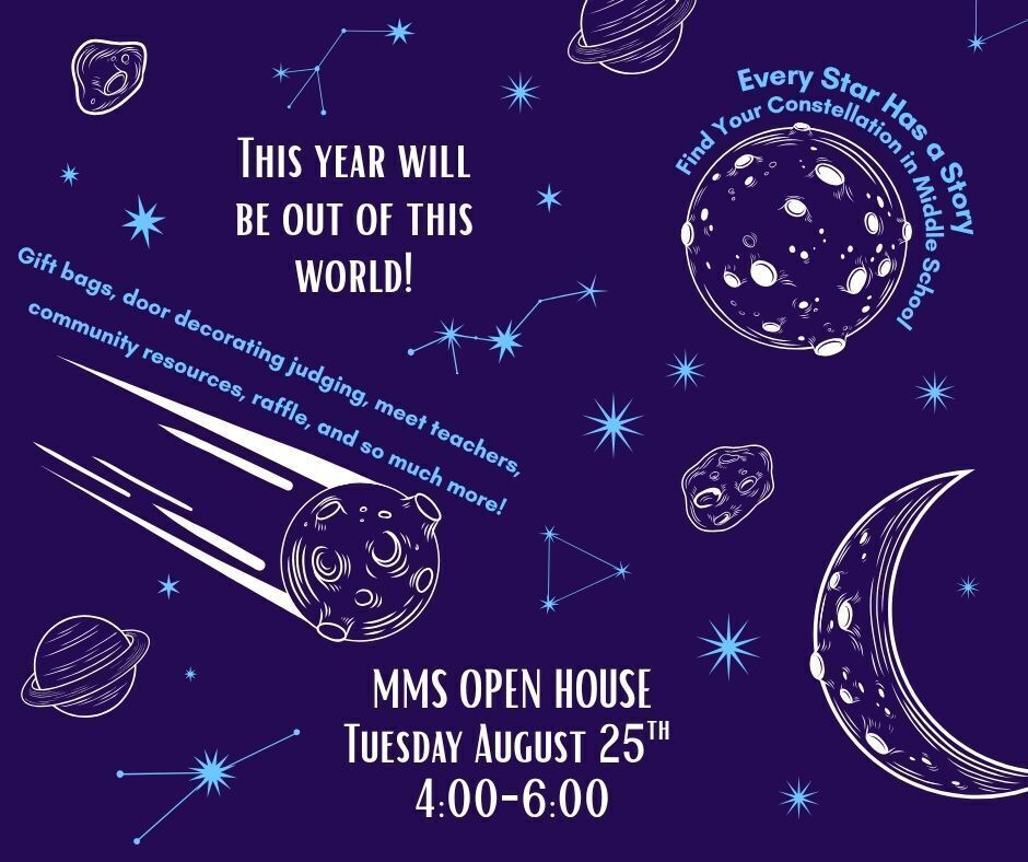 Marlinton Middle School Open House flyer with a space theme. The flyer announces "MMS Open House" on Tuesday, August 25, from 4:00 p.m. to 6:00 p.m. A second section features a dark purple background with illustrations of planets, stars, constellations, and a crescent moon. The text reads, "This Year Will Be Out of This World!" and highlights gift bags, door decorating judging, meeting teachers, community resources, raffles, and more. The flyer encourages families to "Find Your Constellation in Middle School" and includes the slogan, "Every Star Has a Story."