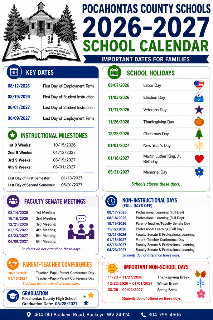 Infographic for Pocahontas County Schools' 2026-2027 school calendar. The graphic highlights key dates including the first day of student instruction on August 19, 2026, and the last day of student instruction on June 1, 2027. Additional sections list instructional milestones, school holidays, faculty senate meeting dates, parent-teacher conferences, non-instructional days, school breaks, and Pocahontas County High School graduation on May 28, 2027. The school logo and the attendance slogan, "Students who attend today, achieve tomorrow," appear at the top.