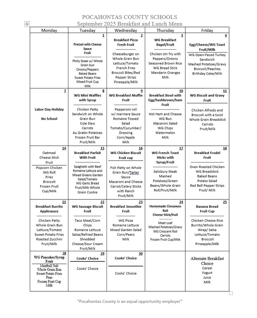 The image is a monthly meal calendar designed for families and staff to see what’s served each school day. It’s neatly organized by weekday columns (Monday–Friday) and lists both breakfast and lunch options for each date.