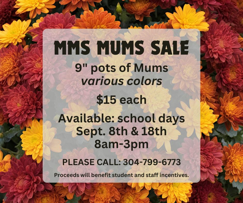 Marlinton Middle School is selling  9" pots of mums various colors  $15 each  Available: school days Sept. 8th & 18th 8am-3pm  PLEASE CALL: 304-799-6773  Proceeds will benefit student and staff incentives.