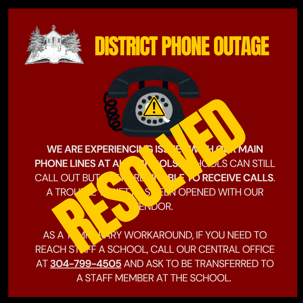 📞 Phone System Update – Issue Resolved 📞  We are pleased to report that the issue affecting incoming calls to our school phone systems has been resolved. All school phone lines are now operating normally and are able to receive calls.  Thank you for your patience and understanding while our technology team and service provider worked to address the problem. We appreciate your cooperation and apologize for any inconvenience this may have caused.  ✅ Incoming calls restored  ✅ Outgoing calls functioning normally  ✅ Schools are fully reachable by phone  Thank you for your continued support of Pocahontas County Schools. #PCSProud #TechnologyUpdate
