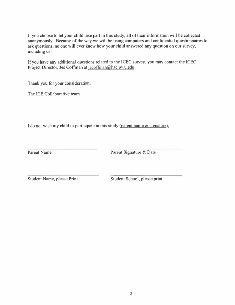 Page 2 of a parent information and opt-out form for the ICEC survey. The page explains that student responses will be collected anonymously and provides contact information for questions. The bottom includes an opt-out statement and blank fields for parent name, parent signature and date, student name, and student school.
