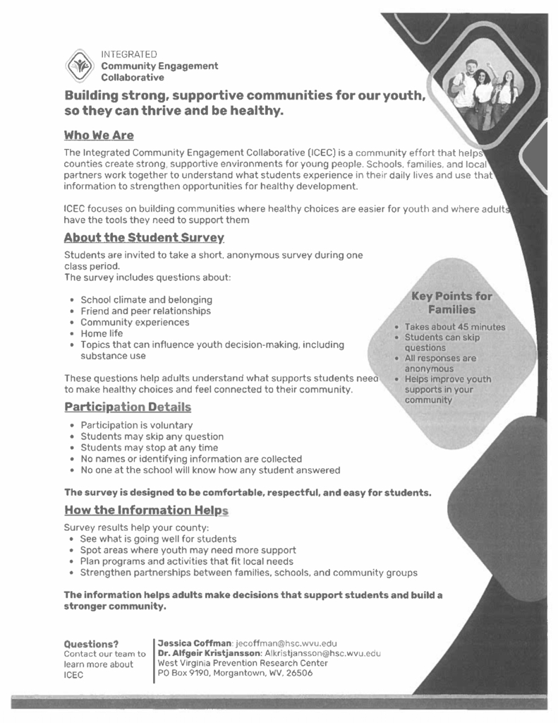 Integrated Community Engagement Collaborative (ICEC) informational flyer about a student survey. The flyer describes ICEC as a community effort involving schools, families, and local partners to create supportive environments for young people. Students are invited to complete a short, anonymous survey during one class period. Survey topics include school climate and belonging, peer relationships, community experiences, home life, and factors influencing youth decision-making, including substance use. Participation is voluntary; students may skip questions or stop at any time, and no names or identifying information are collected. A “Key Points for Families” graphic notes that the survey takes about 45 minutes, students can skip questions, responses are anonymous, and results help improve youth supports. Survey results are intended to identify strengths and areas needing support, inform local programs and activities, and strengthen partnerships among families, schools, and community groups. Contact information for the West Virginia Prevention Research Center is provided at the bottom. The grayscale flyer includes ICEC branding at the upper left, a decorative photograph of several young people at the upper right, and geometric design elements along the right side.