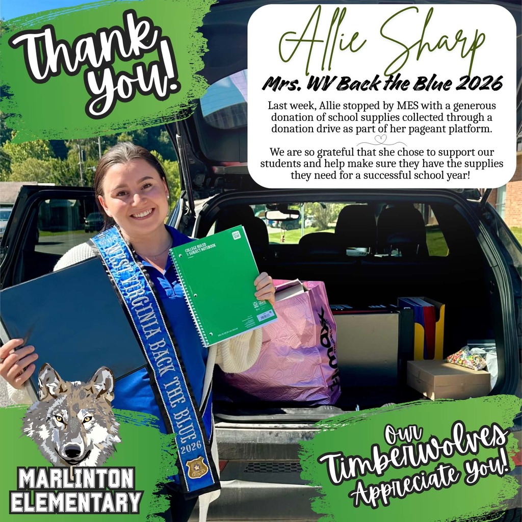 A woman wearing a blue sash that says “Mrs. West Virginia Back the Blue 2026” stands beside an open car trunk filled with donated school supplies. She’s smiling and holding notebooks, and the text on the image thanks Allie Sharp for generously supporting Marlinton Elementary School with a school‑supply donation.