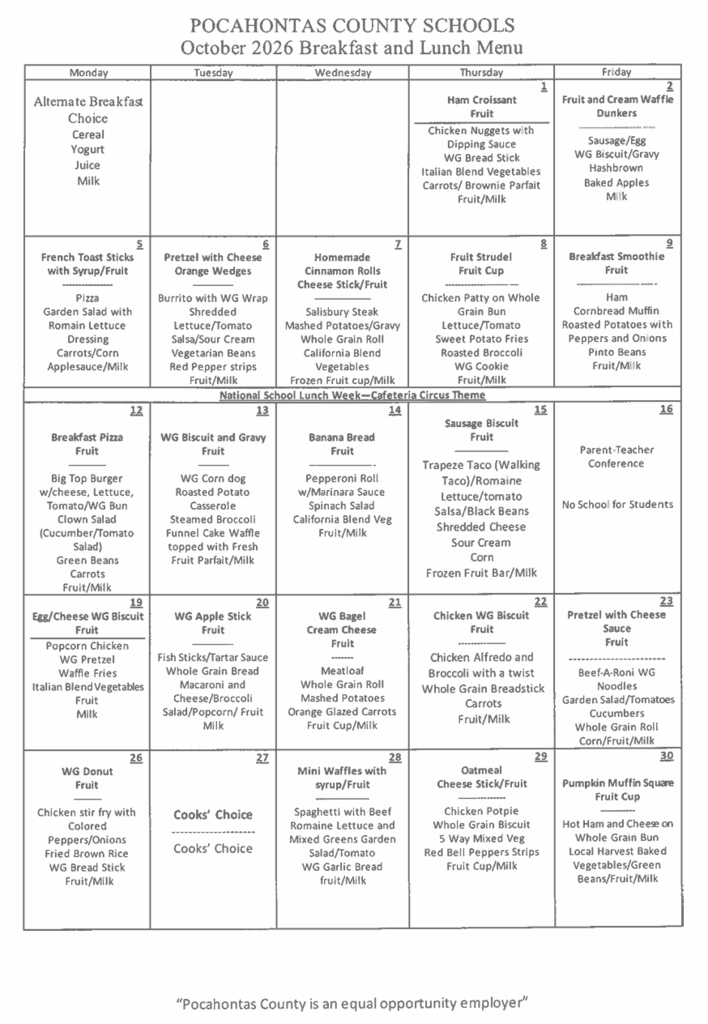It’s a calendar-style October 2026 school breakfast and lunch menu for Pocahontas County Schools. Each weekday lists simple meal options like cereal, fruit, milk, pizza, chicken sandwiches, tacos, and spaghetti. A few days include notes such as National School Lunch Week and Parent‑Teacher Conference. At the bottom, it states that the county is an equal opportunity employer.