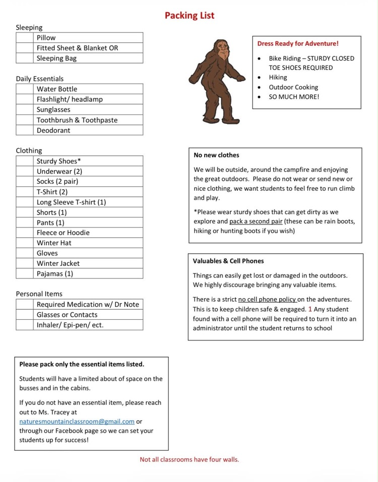 packing list for overnight field trip 