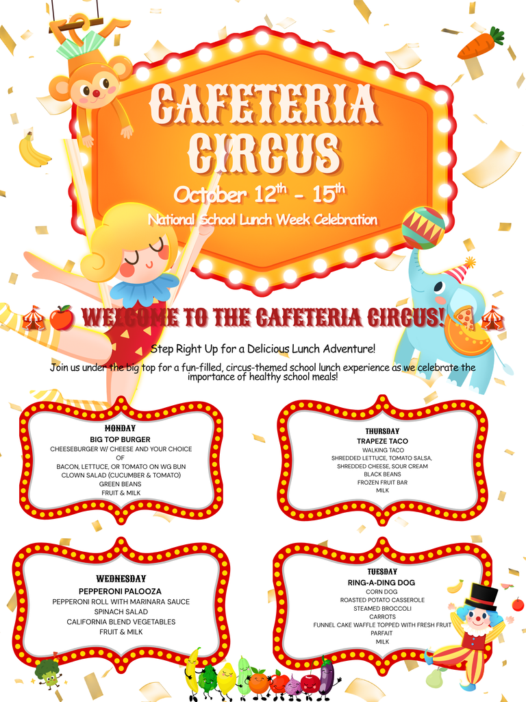 Cafeteria Circus Themed lunch menu