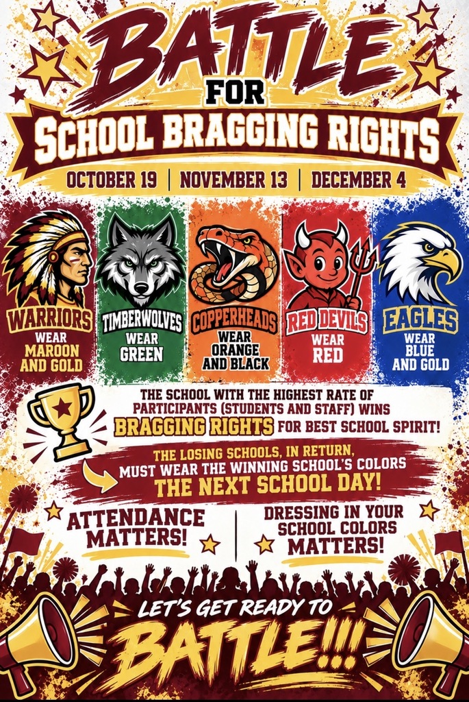 School spirit competition poster encouraging students and staff to wear school colors and attend school on October 19, November 13, and December 4. The school with the highest participation rate earns bragging rights, and other schools wear the winner’s colors the following school day.