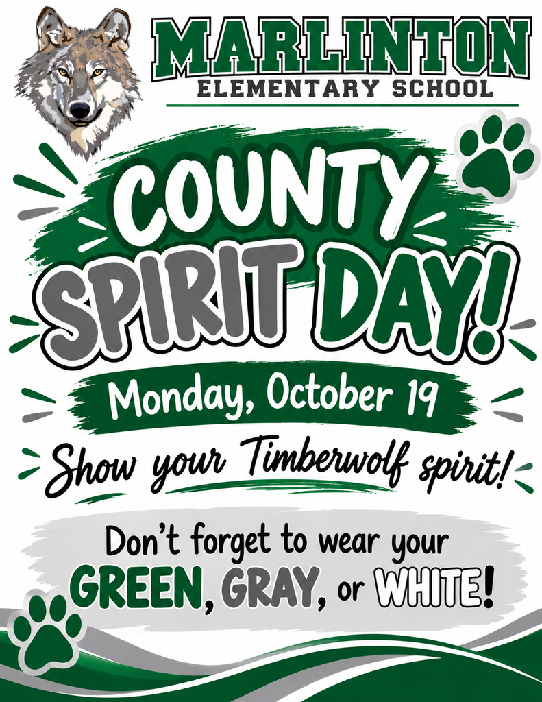 Marlinton Elementary School County Spirit Day flyer featuring a wolf mascot and paw prints, announcing Spirit Day on Monday, October 19, and encouraging students and staff to show their Timberwolf spirit by wearing green, gray, or white.