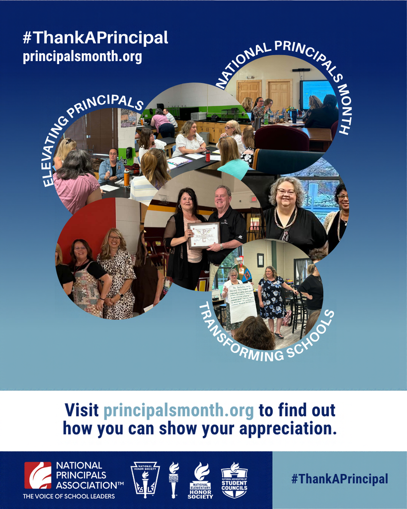 Graphic promoting National Principals Month with the hashtags #ThankAPrincipal and information about principalsmonth.org. The design features a blue gradient background with a collage of photos showing school leaders participating in meetings, professional learning, staff collaboration, recognition events, and school activities. Curved text around the photos reads “Elevating Principals,” “National Principals Month,” and “Transforming Schools.” The graphic encourages viewers to visit principalsmonth.org to learn how to show appreciation for principals. Logos for the National Principals Association, National Honor Society, National Junior Honor Society, National Elementary Honor Society, and National Association of Student Councils appear at the bottom. #ThankAPrincipal.