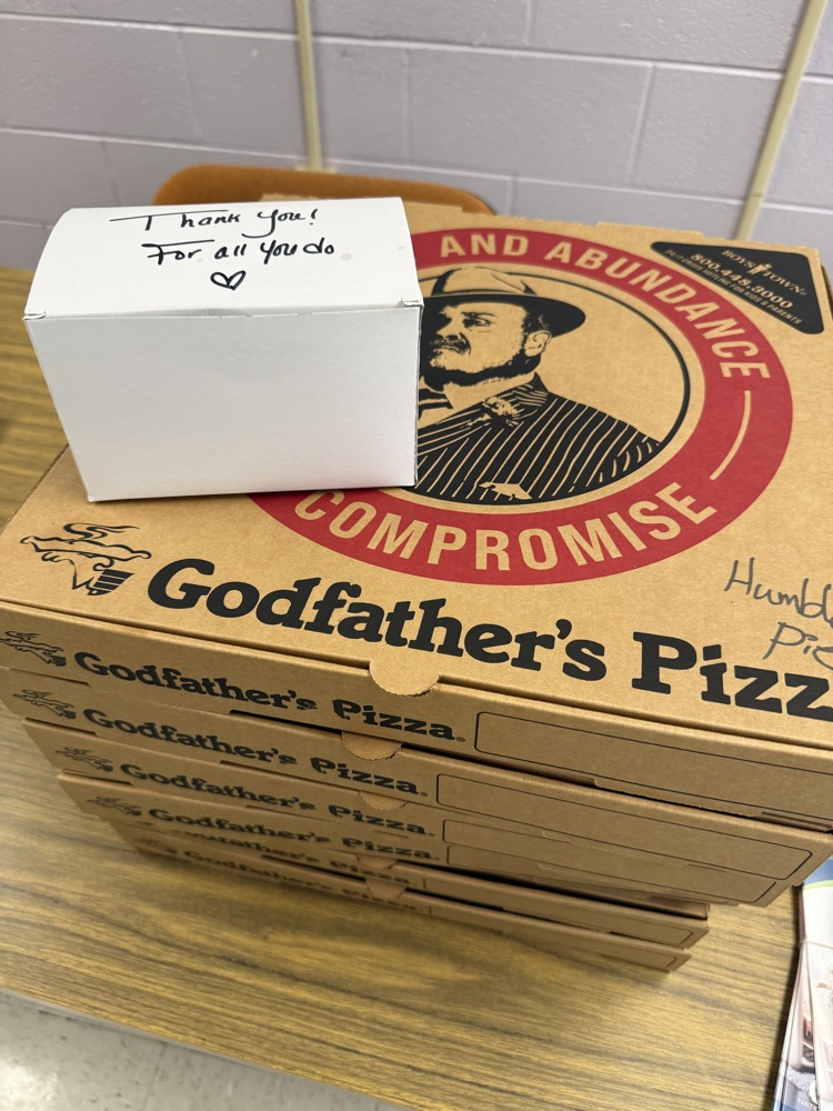 pizza and thank you note from city national bank to mms staff