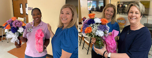 Mrs Temple with Mrs Cazayoux presenting flowers and Mrs Cazayoux presenting flowers to Mrs Bush