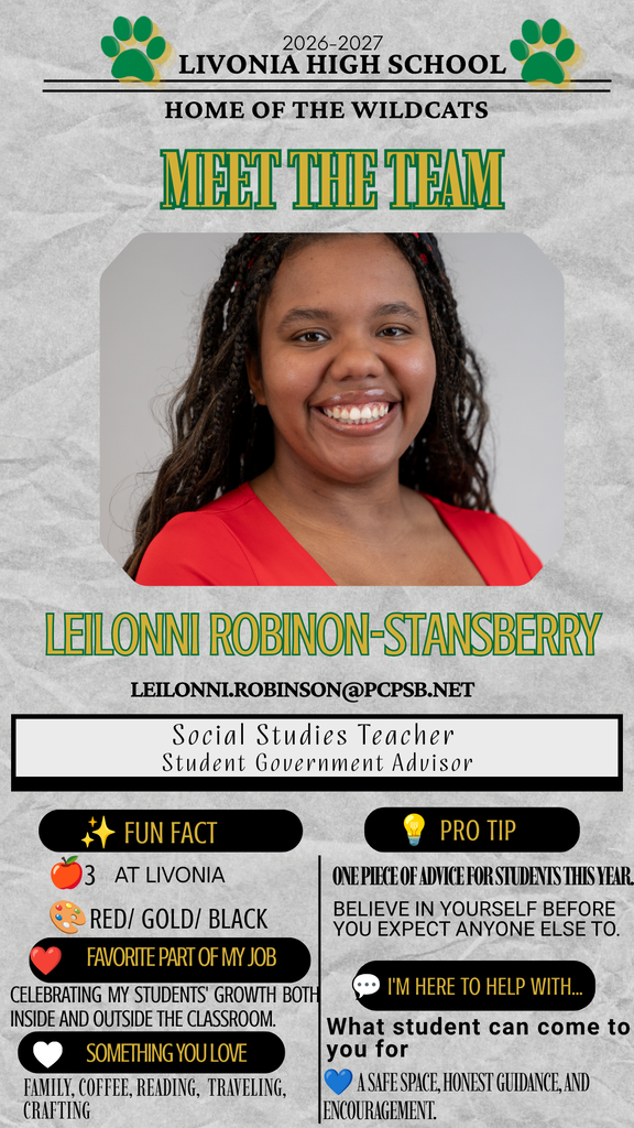 Meet the Wildcats of Livonia High School!  We are excited to introduce some of the amazing educators who are ready to support our students for the 2026-2027 school year. Take a look at the team dedicated to teaching, encouraging, and cheering on our Wildcats every day.  Drop a comment to welcome them.
