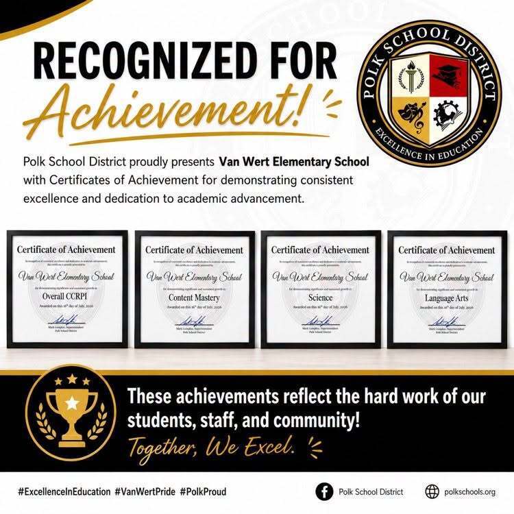 Recognized for Achievement to Van Wert ELementary. for overall CCRPI, Content Master, Science award, and Language Arts award