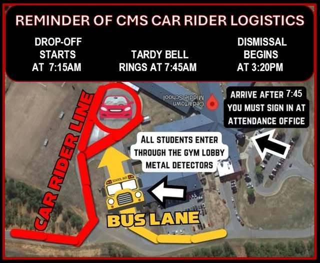 Arieal image of the school with bus lane marked with yellow and car lanes in erd with specific instructions for drop-off and pickup at dismissal times