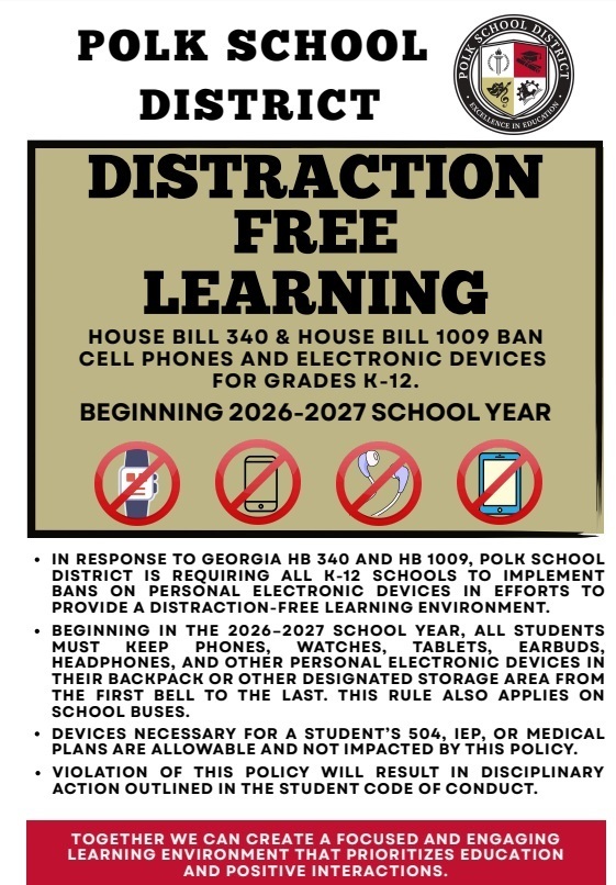 flyer explaining Distraction Free Learning (per State Mandated Bill) for PSD students for the 2026-27 school year with images to help explain which devices are not allowed on white background with red, black and gold accents and text