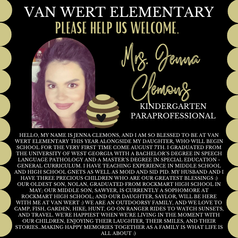 New Teacher Spotlight: Please welcome Jenna Clemons to Van Wert Elementary School for our 2025-2026 school year. Mrs. Clemons will be a kindergarten paraprofessional! Welcome back to Van Wert!