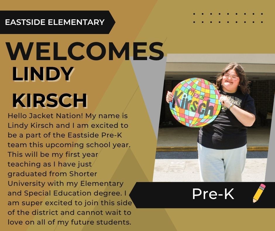 Welcome message for Lindy Kirsch as Pre-K teacher.