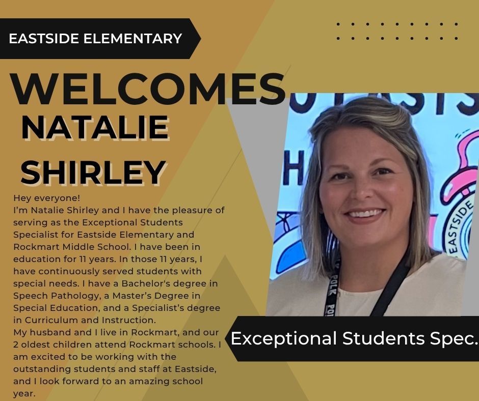 Welcome message to introduce Natalie Shirley to Eastside