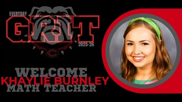 photo of new teacher smiling on black background with red and gray tex