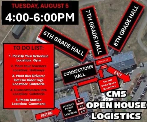 image of school map for open house with red, black, and whiite text