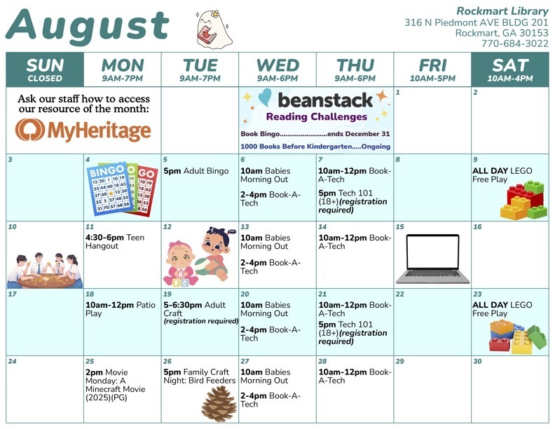 August Calendar for the Rockmart Library! 