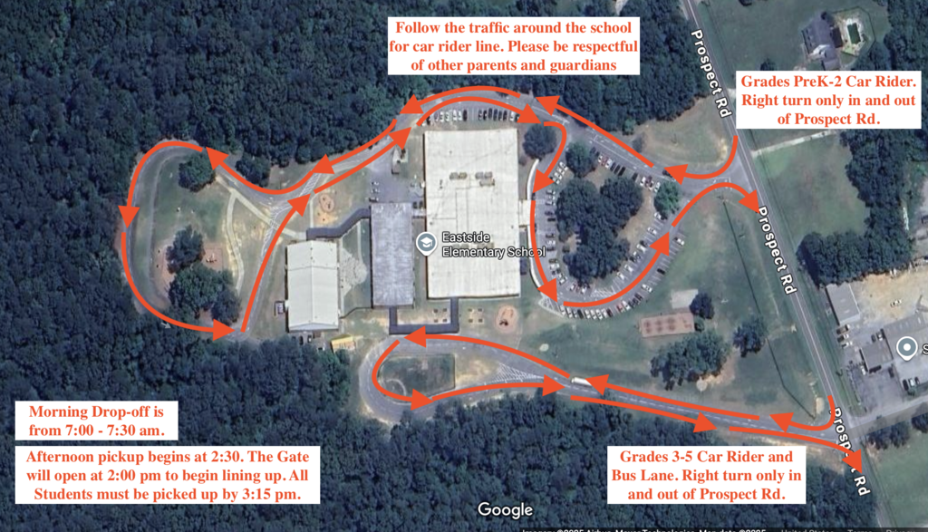 Map of Eastside Elementary drop-off and pick-up routes