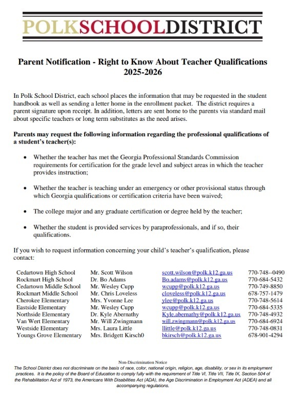 Parent Right to Know Document 2025-26 on white background with black and blue text with district header on top