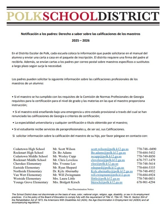 Parent Right to Know Document 2025-26 on white background with black and blue text with district header on top in Spanish