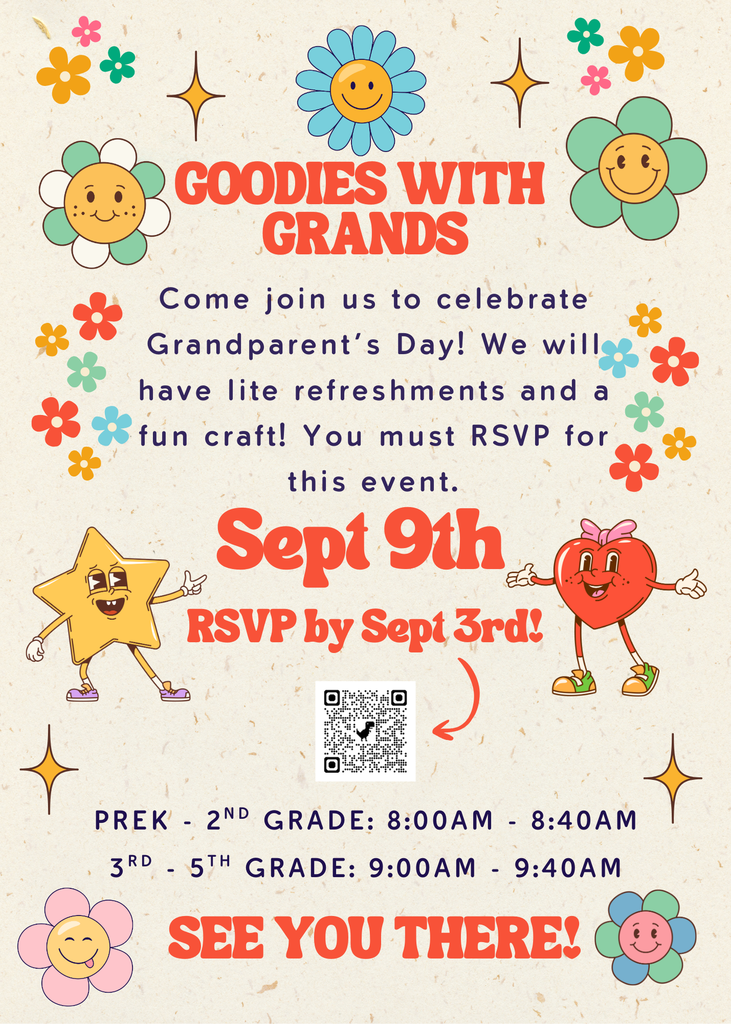 Goodies with Grands come join us to celebrate grandparent's day! We will have lite refreshments and a fun craft! You must RSVP for this event. Sept. 9th See you there!